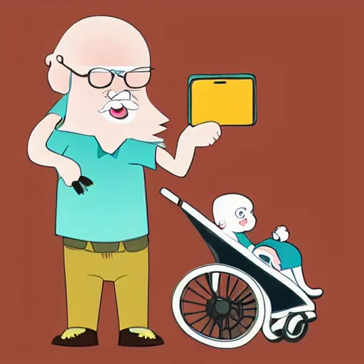 Image similar to cute cartoon character, beard grandpa taking a photo to a baby girl, stuart davis