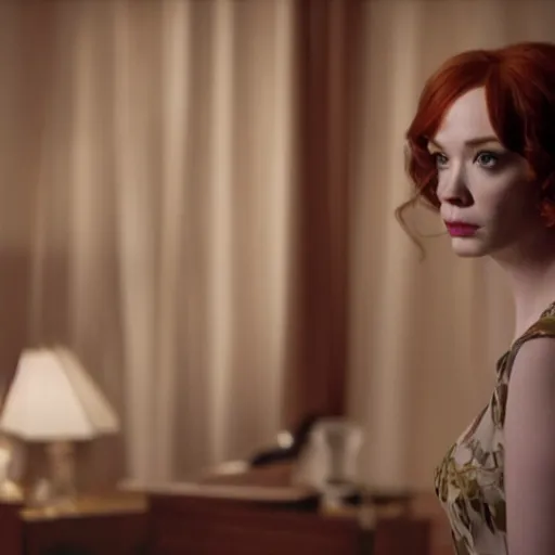 Image similar to a very surprised looking beautiful Christina Hendricks r in the living room, film still from the movie directed by Denis Villeneuve , wide lens