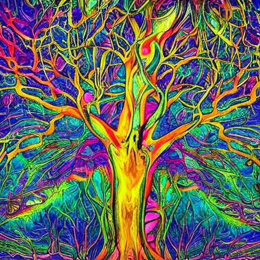 Prompt: a psychedelic tree, on each branch there is a different animal, masterpiece, top of art, awesome, breathtaking, micro details. painted by masters of illusion and abstract thinking