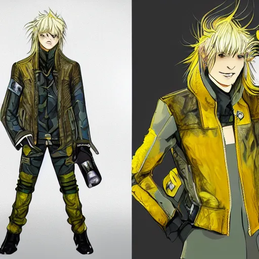 Prompt: elven male, shaggy blonde hair. Wearing modern yellow leather jacket and blue camouflage pants. Modern, concept art, Akikazu Mizuno, anime