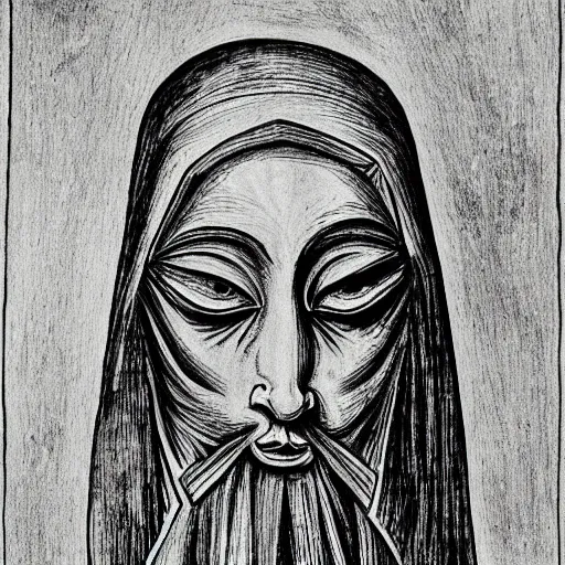 Image similar to an ink drawing of da vinci style white tragedy mask