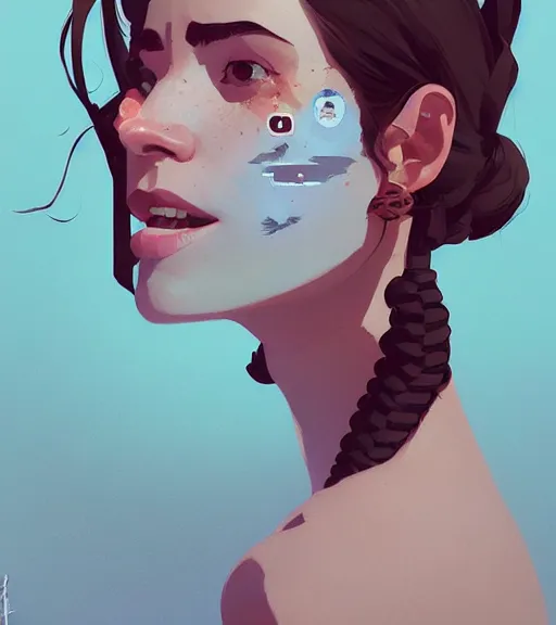 Image similar to portrait of a woman raised on the island face tatooes by atey ghailan, by greg rutkowski, by greg tocchini, by james gilleard, by joe fenton, by kaethe butcher, dynamic lighting, gradient light blue, brown, blonde cream and white color scheme, grunge aesthetic