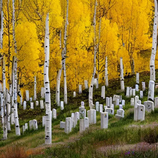 Prompt: Aspen Cemetery in the mountains with ornate tombstones of various colors with an Aspen grove in the center, high resolution, 4k, sharp, ultra detailed, cloudy, mountains