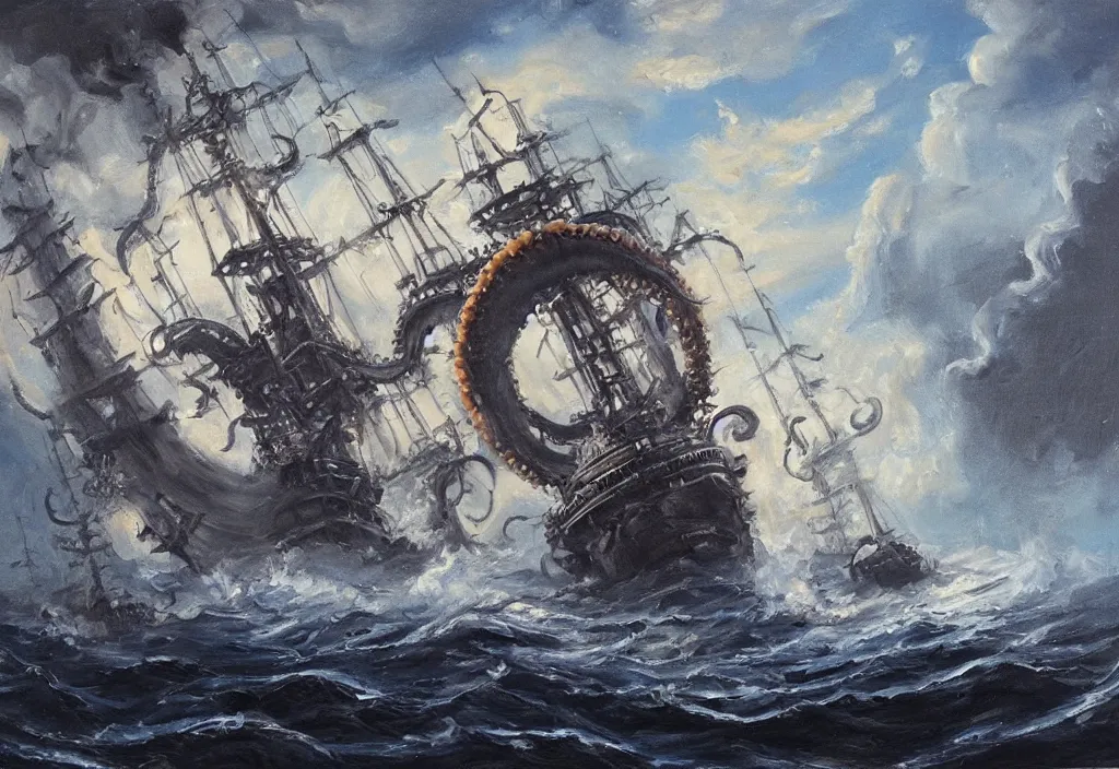 Image similar to oil painting of a kraken attacking a pirate ship