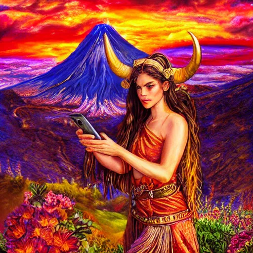 Image similar to horned ram goddess, checking her cell phone, erupting volcano in distance, sunset, flowers in foreground, zodiac, fantasy acrylic on canvas, intricately detailed, highly detailed, high resolution, hdr, 8 k, artist, trending on artstation, painting by senior concept artist josephine wall