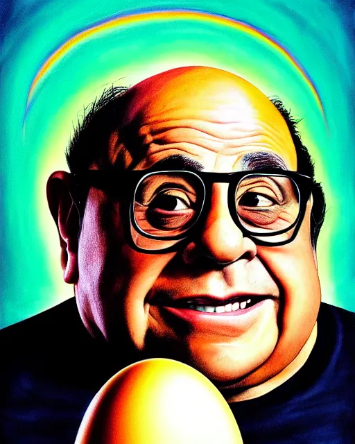 Image similar to painting portrait of danny devito as an egg, cartoon, warm lighting, danny devito has an egg body, movie poster, illustration by bartek fedyczak, erak note, tooth wu, neil richards, kan liu, siwoo kim, jisu choe, trending on art station