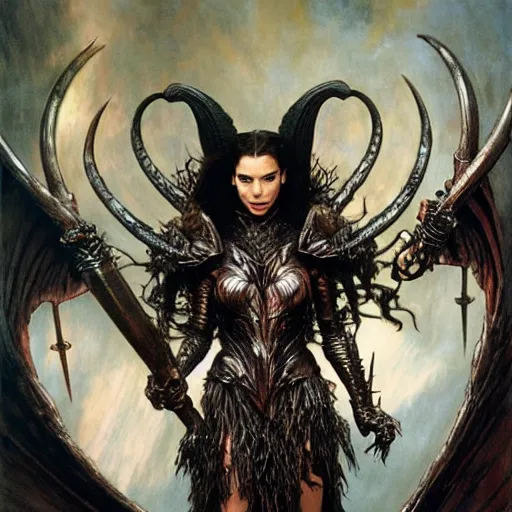 Prompt: head and shoulders portrait of an armored erinyes devil with huge bat wings, portrayed by gal gadot, d & d, fantasy, luis royo, magali villeneuve, donato giancola, wlop, krenz cushart, hans zatka, klimt, alphonse mucha