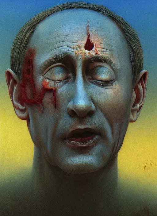 Image similar to Painting in a style of Beksinski featuring Vladimir Putin. Suffering and pain