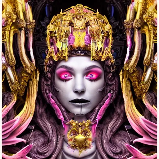 Prompt: a beautiful detailed 3d matte painting of female goddess of the dead, ominous, magical realism, texture, seductive, erotic, tempting, beautiful face, intricate, ornate, black, gold, neon pink, smoke swirls, royally decorated, skull, skeleton, whirling smoke, embers, adornements, 8k