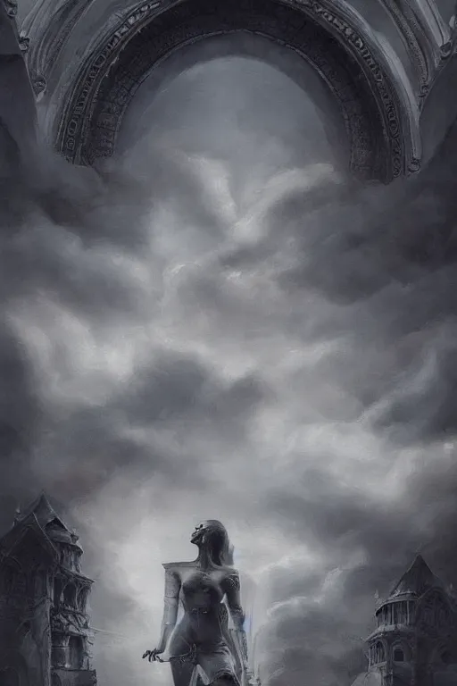 Prompt: By Tom Bagshaw and Boris Vallejo, ultra realist soft painting of a castle court by night female fully dressed, horror, omnious sky, symmetry accurate features, very intricate details, fading rainbow light, black and white, volumetric light clouds, artstation, 8K