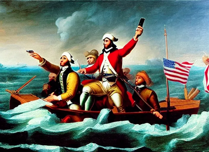 Image similar to oil painting of Washington Crossing the Delaware but everyone is looking at cell phones and Washington is taking a selfie