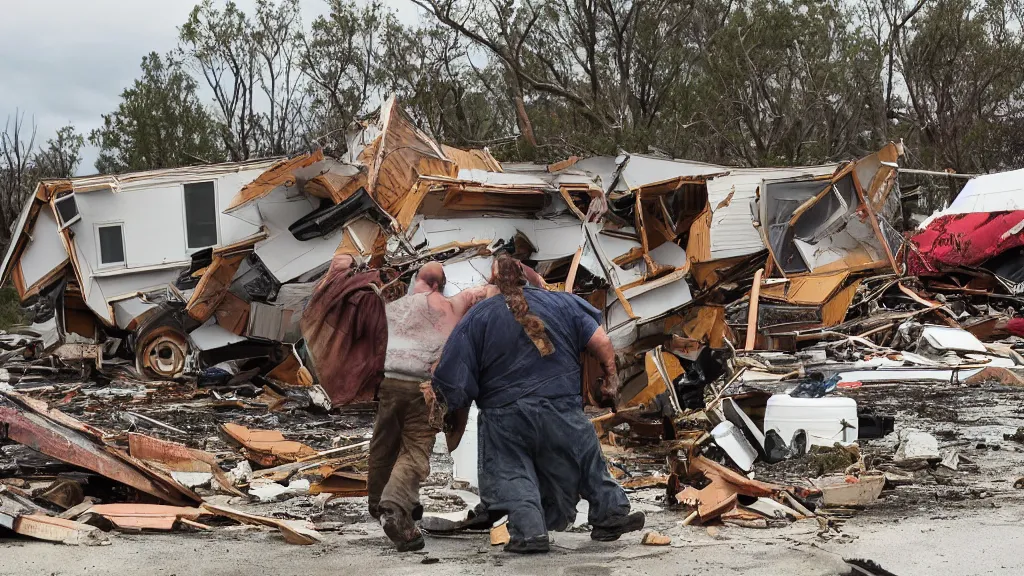 Image similar to a huge violent angry ogre huge violent angry ogre huge violent angry ogre stomps through background trailer homes and smashed trailer homes, people looking on in astonishment