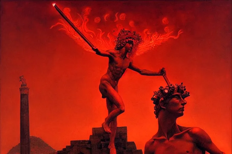 Image similar to only with red, a red melted apollo with a laurel wreath and a flaming sword announce the win, atene in the background, in the style of beksinski, part by hopper, part by rodcenko, part by hofbauer, intricate composition, red by caravaggio, insanely quality, highly detailed, masterpiece, red light, artstation