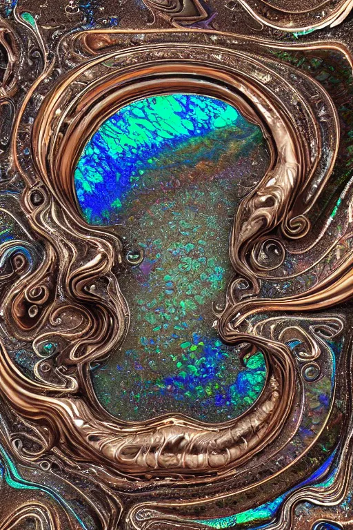 Image similar to Art Nouveau cresting oil slick waves, hyperdetailed bubbles in a shiny iridescent oil slick wave, black opal, abalone, paua shell, ornate copper patina medieval ornament, rococo, oganic rippling spirals, octane render, 8k 3D