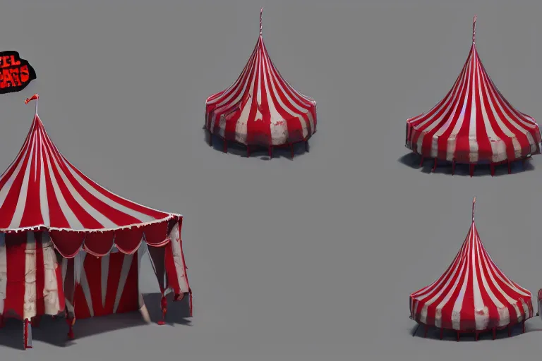 Prompt: 3d sculpt of an evil looking circus tent, artstaton, League of Legends, red dead redemption2, overwatch, digital illustration