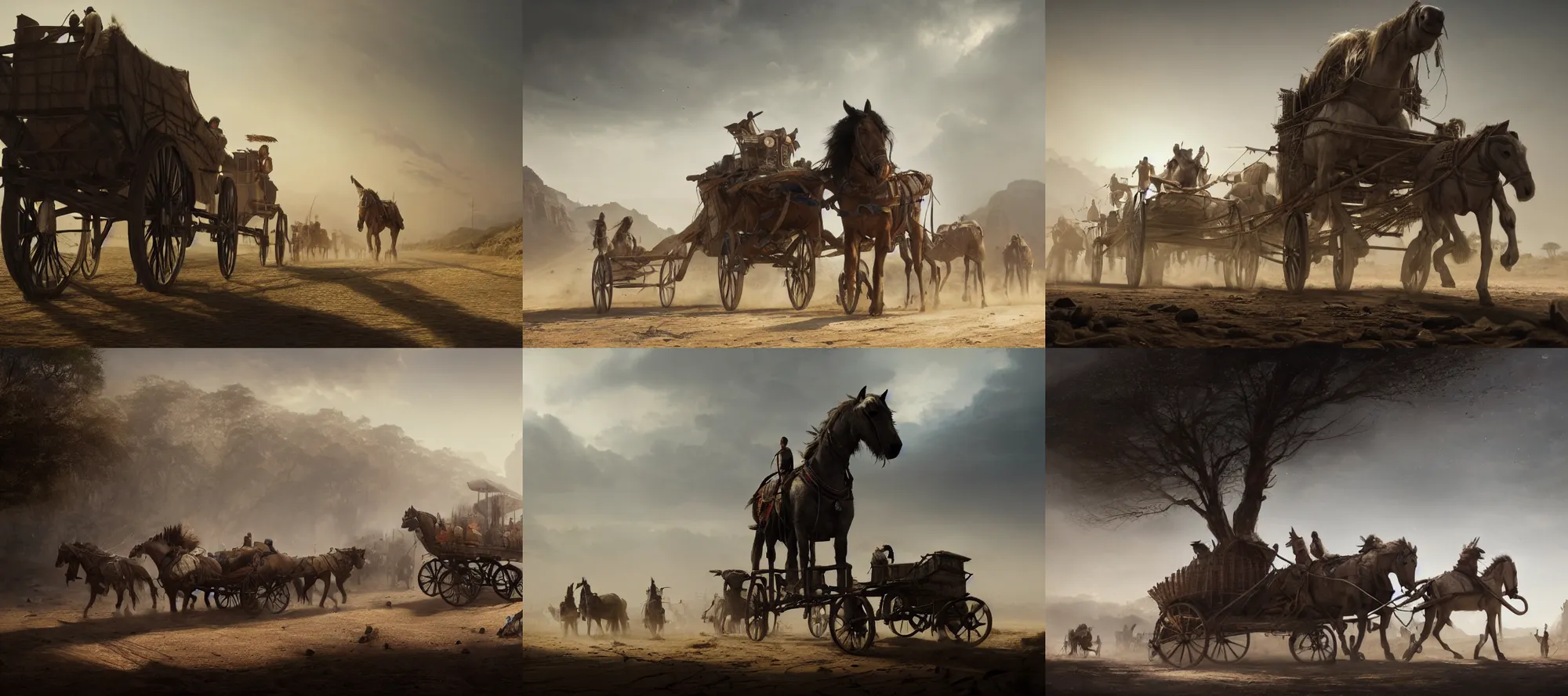 Prompt: a horse pulling a cart of tired people along a dust track, diffuse lighting, strong imagery, highly detailed, by Greg Rutkowski, Maxim Verehin, last guardian, photorealistic 8k, cinematic lighting, HD, high detail, atmospheric, trending on artstation