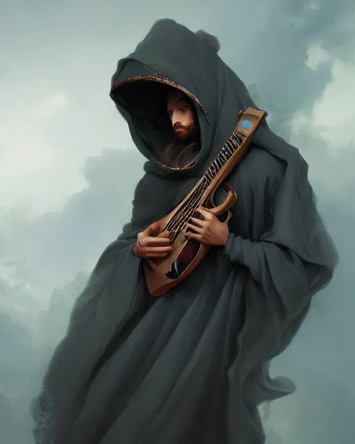 Prompt: baroque portrait of a shadowy man wearing a hooded cloak, playing a magical mandolin, gallery art by peter mohrbacher, artstation, artgate