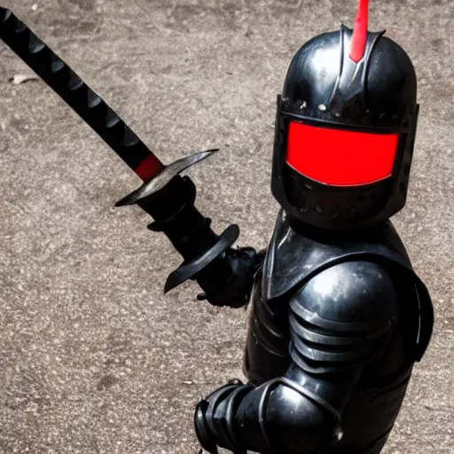 Image similar to a black knight in shining armor, a terrible mask on his face, eyes burning with red fire. a boy is standing next to him and he has a sword in his hands