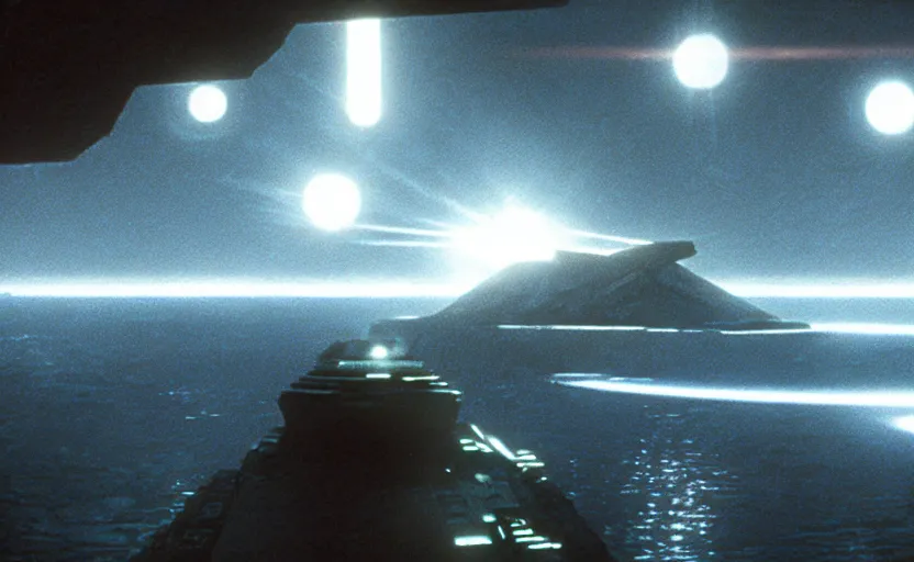 Image similar to iconic cinematic screen shot of star destroyer waterfall canyon planet, from the action packed scene from the 8 0 s star wars sci fi film by stanley kubrick, glowing lasers, kodak film stock, anamorphic lenses 2 4 mm, lens flare, award winning