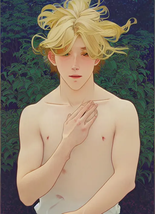 Image similar to pretty young man with shoulder length blond hair, male, half body shot, path traced, highly detailed, high quality, digital painting, by studio ghibli and alphonse mucha, leesha hannigan, hidari, art nouveau, chiho aoshima, posuka demizu