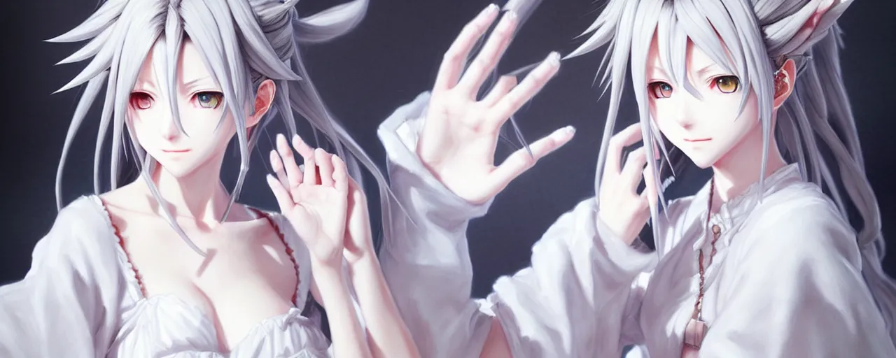 Image similar to a portrait of nekomimi wearing white dress an ultrafine detailed painting, detailed painting, detailed eyes!!, final fantasy octopath traveler realistic hands ghibly