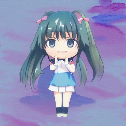 Image similar to water color toon rendering character face portrait of a singular kawaii chibi in the sytle of kyoto animation, in simple background, nendoroid eyes, anime waifu, ukiyoe