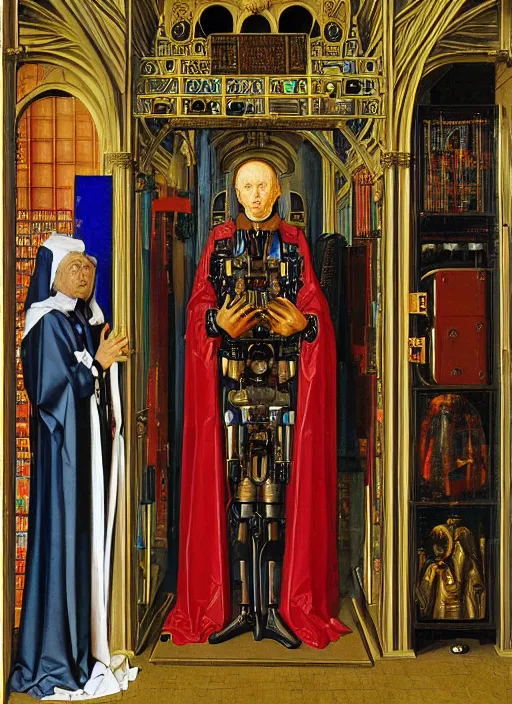 Image similar to a cybernetic priest jacking into the mainframe by Jan van Eyck