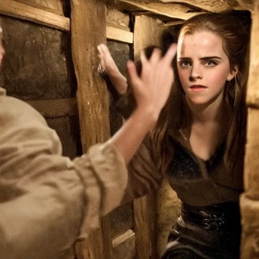 Image similar to photography emma watson fight with nicholas cage in a medieval wine cellar cinematic