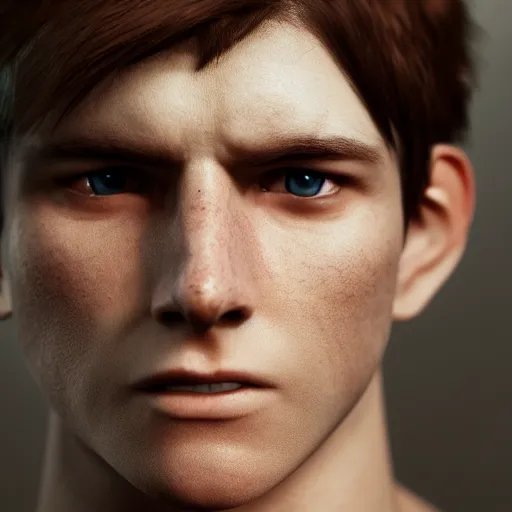 Prompt: young man with short brown hair and blue eyes, pale skin, medium build, looking nervous, highly detailed, cinematic shot, cinematic lighting, 8 k, exquisite facial detail, 5 0 mm, unreal engine octane render