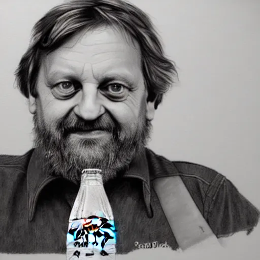 Image similar to sketch portrait of slavoj zizek with a coca cola bottle, artistic pencil drawing, detailed, award - winning, trending on artstation