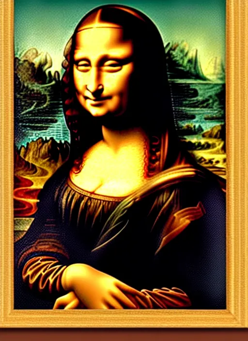 Prompt: framed oil painting of Mona Lisa by Leonardo Da Vinci but Mona Lisa is using an iPhone to take a selfie