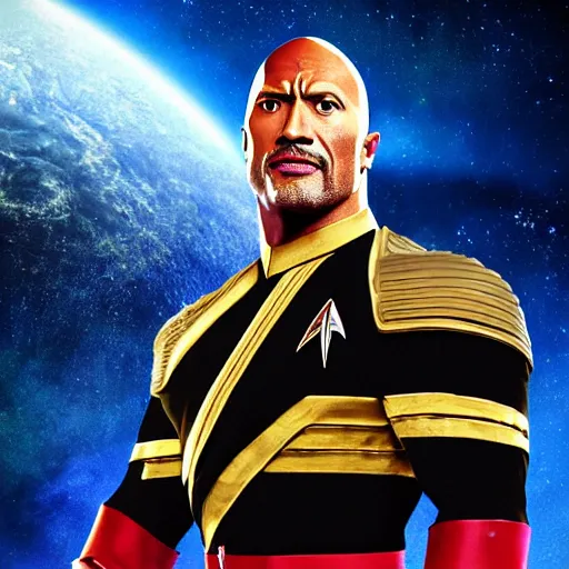 Image similar to a full body portrait of klingon dwayne johnson as a star fleet officer from star trek next generation dressed in full uniform, ultra rendered extreme realism and detail, 8 k, highly detailed, realistic, completely framed, hyper realistic, colorful, direct lighting, 3 5 mm photo, photorealistic, sharp focus
