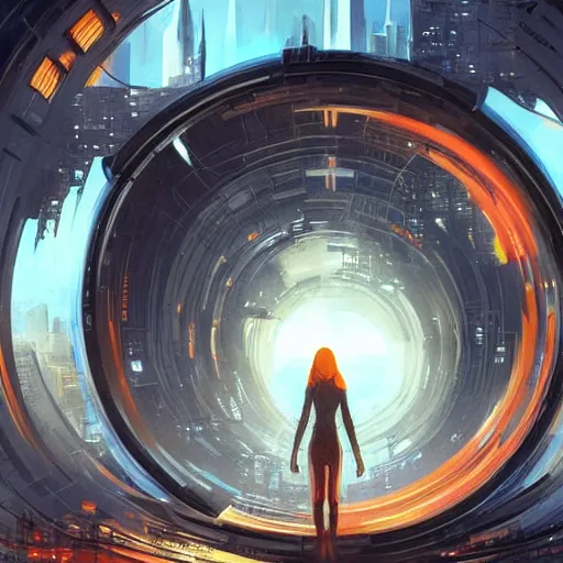 Image similar to circular derelict portal in a middle of a futuristic cityscape, world with trees seen through a portal, daylight, cinematic perspective, cinematic lighting, blue sky, syd mead, john harris