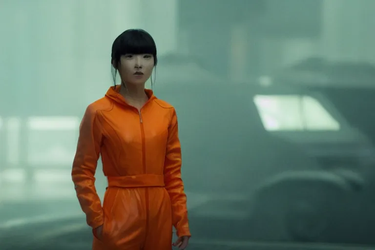 Image similar to a still from the film bladerunner 2 0 4 9 depicting haruka abe wearing an orange prison jumpsuit. a screaming holographic face dominates the background. futuristic medical equipment surrounds haruka abe. sci fi, futuristic,