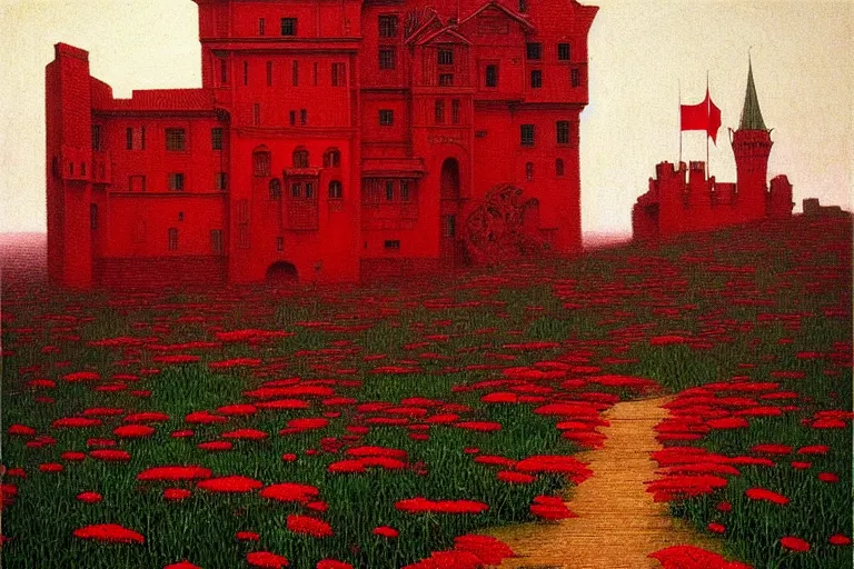 Prompt: only with red, red flowers of different varieties, a castle in the background, medieval demons dance over the flowers, an ancient path, in the style of beksinski, part by hopper, part by rodcenko, part by hofbauer, intricate composition, red by caravaggio, insanely quality, highly detailed, masterpiece, red light, artstation, 8 k