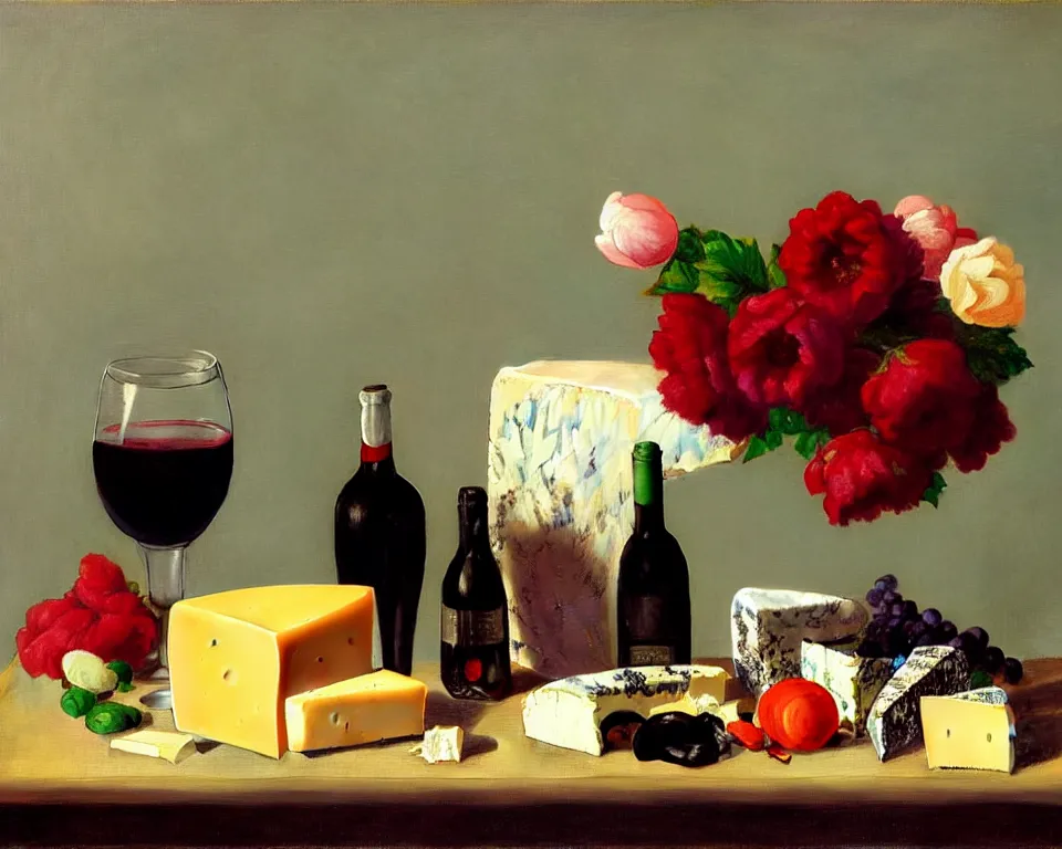 Image similar to an achingly beautiful still life featuring blooming flowers, cheese, red wine, and miniatures by Raphael, Hopper, and Rene Magritte. detailed, romantic, studio lighting, enchanting, trending on artstation.