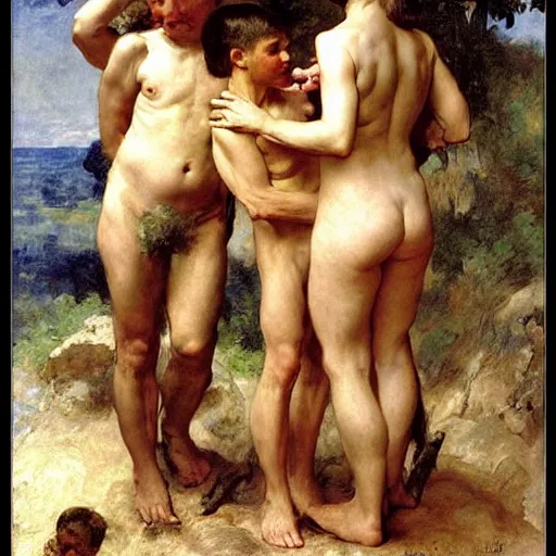 Image similar to portrait of an ancient human species neanderthal muscular rubenesque hairy family, by bouguereau, norman rockwell, ruben, manet, renoir