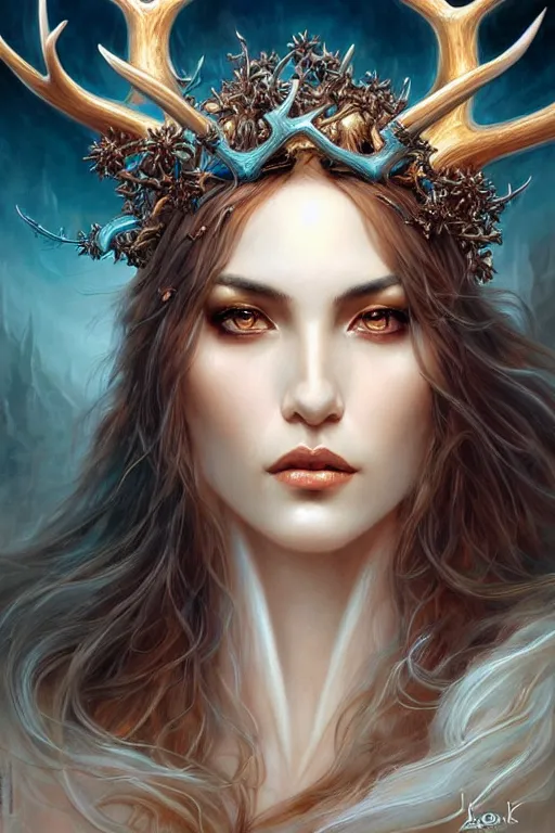 Image similar to a female sorceress with antlers by karol bak and vargas, beautiful detailed eyes, cute, fantasy, intricate, elegant, highly detailed, digital painting, 4 k, hdr, concept art, detailed jewelry, smooth, sharp focus, illustration, art by artgerm