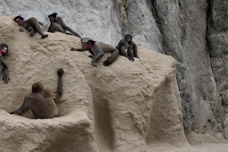 Prompt: full view of monkeys touching a castle made of sand