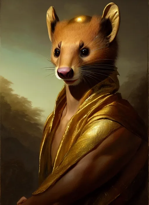 Prompt: a beautiful closeup shot from a fantasy film of a humanoid marten with golden eyes wearing a loose tunic. an anthropomorphic mustelid with gold eyes. portrait. joseph ducreux, greg rutkowski.
