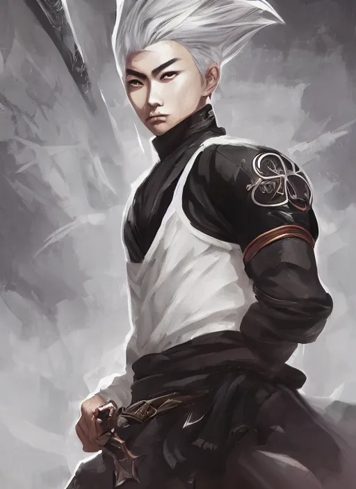 Image similar to a highly detailed illustration of fierce short white haired parted through the middle young attractive asian man, wearing hakama, with black sclera eyes, heroically battle posing, intricate, elegant, highly detailed, centered, digital painting, artstation, concept art, smooth, sharp focus, league of legends concept art, WLOP