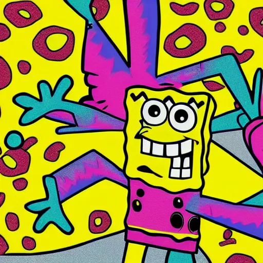 Prompt: SpongeBob abstract art, avant-garde, bizarre, vibrant, weird, digital art, surrealism,