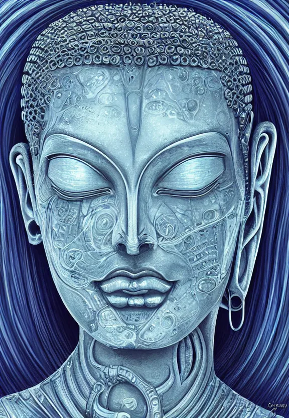 Image similar to perfectly centered portrait, front view of a beautiful biomechanical alien android robot buddha, female, flowing hair, intense stare, sarcastic smile, symmetrical, concept art, intricate detail, volumetric shadows and lighting, realistic oil painting by alex grey and gustave dore,