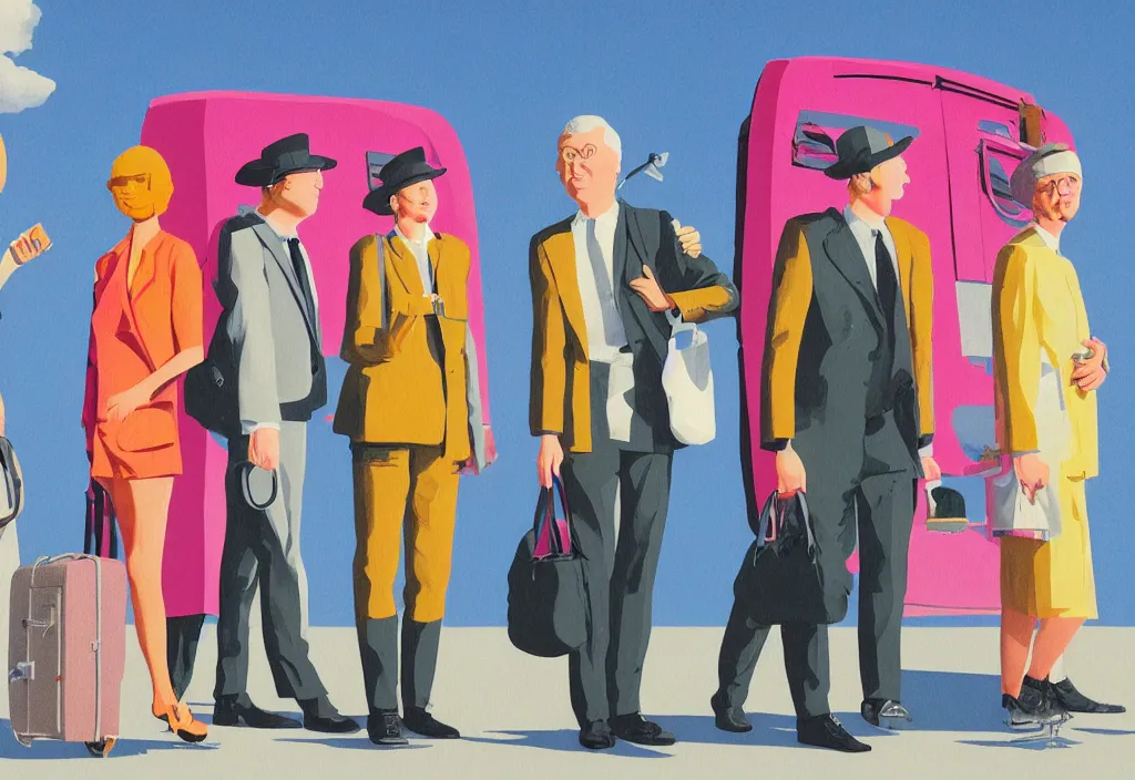 Image similar to full body portrait of a trio of european tourists getting off a tour bus for sightseeing, character designs painting, in the style of wes anderson, rene magritte, lola dupre, david hockney, isolated on white background, dark monochrome neon spraypaint accents volumetric octane render