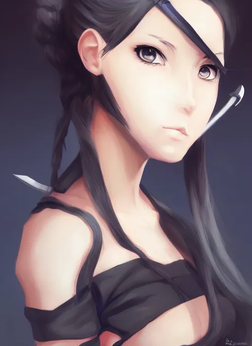 Prompt: portrait of a beautiful anime ninja girl with black ponytail, holding a kunai, digital painting, trending on artstation, deviantart, artgem, perfect composition, ross draws, wlop