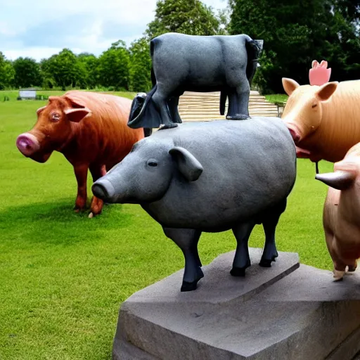 Image similar to statue of a pig, a cow, a horse, a chicken and a sheep