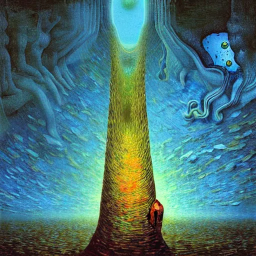 Image similar to Human peaking in wormhole - award-winning digital artwork by Salvador Dali, Beksiński, Van Gogh and Monet.