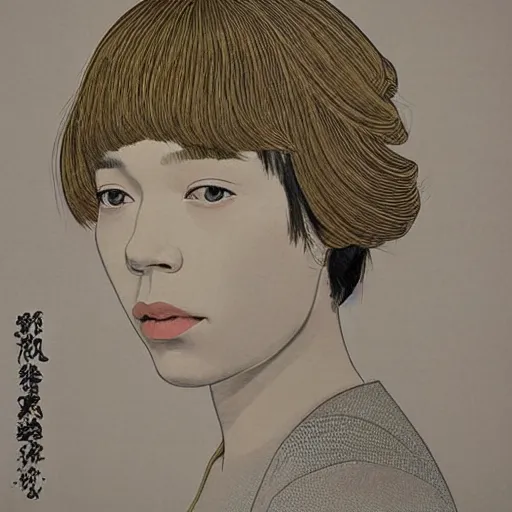 Image similar to “ lea seydoux portrait by ikenaga yasunari and ayana otake and ko rakusui, 6 0 s poster, drawing, realistic, sharp focus, japanese, dreamy, nostalgia, faded, golden hues, floral clothes ”