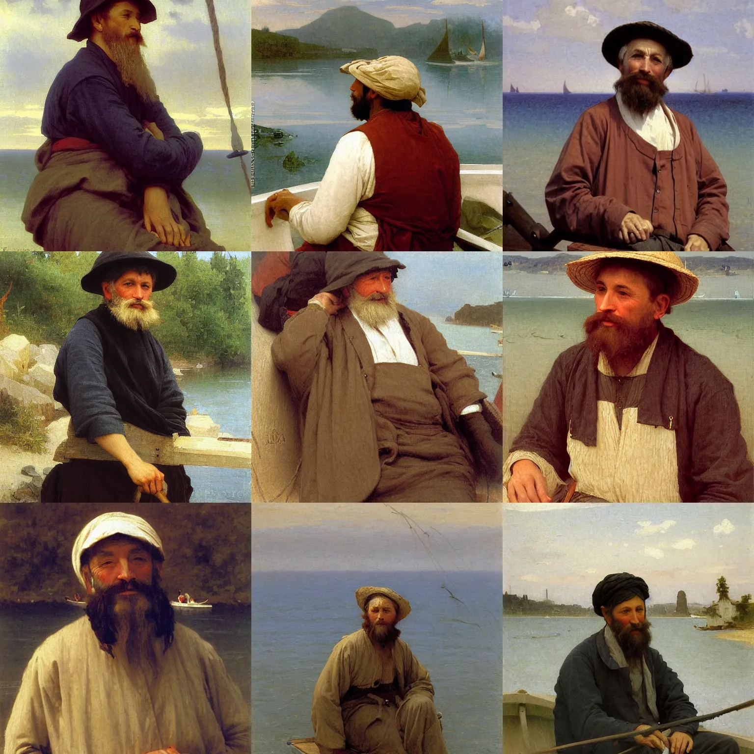 Prompt: painting of old fisherman on a small boat by bouguereau