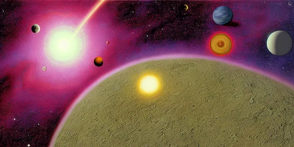 Prompt: Artwork by Tim White of the cinematic view of a solar system of giant diatom planets.